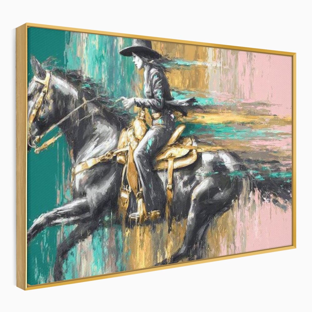 Tablou canvas cu pictura cu femeie calare pe armasar, in rama de aluminiu auriu